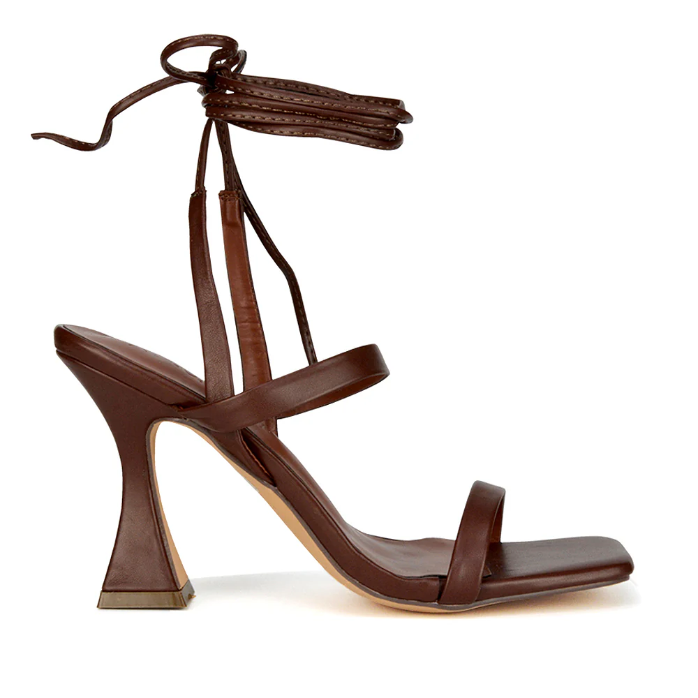 Taytum Square Toe Strappy Lace Up Sandal Flared High Heels in Black Synthetic Leather - Image 63
