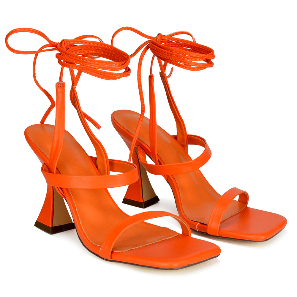 Taytum Square Toe Strappy Lace Up Sandal Flared High Heels in Black Synthetic Leather - Image 93