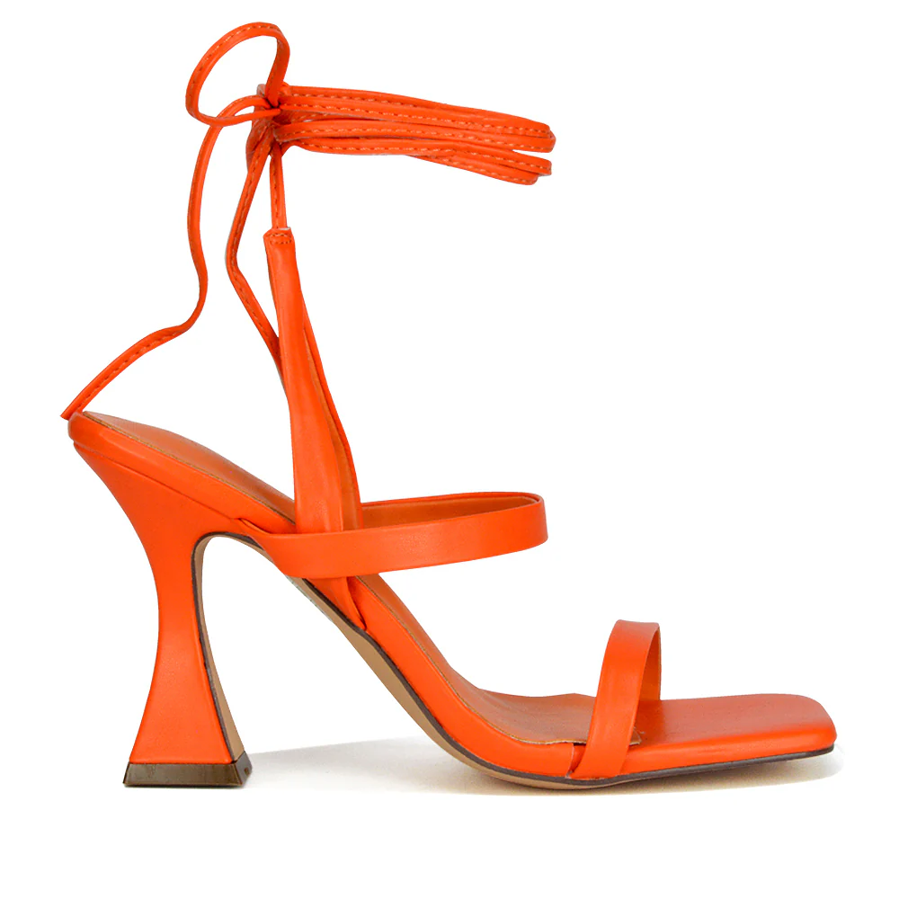 Taytum Square Toe Strappy Lace Up Sandal Flared High Heels in Brown Synthetic Leather - Image 87