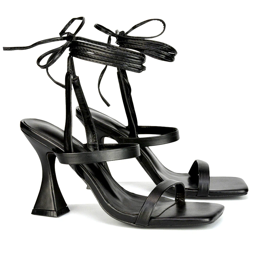 Taytum Square Toe Strappy Lace Up Sandal Flared High Heels in Orange Synthetic Leather - Image 8