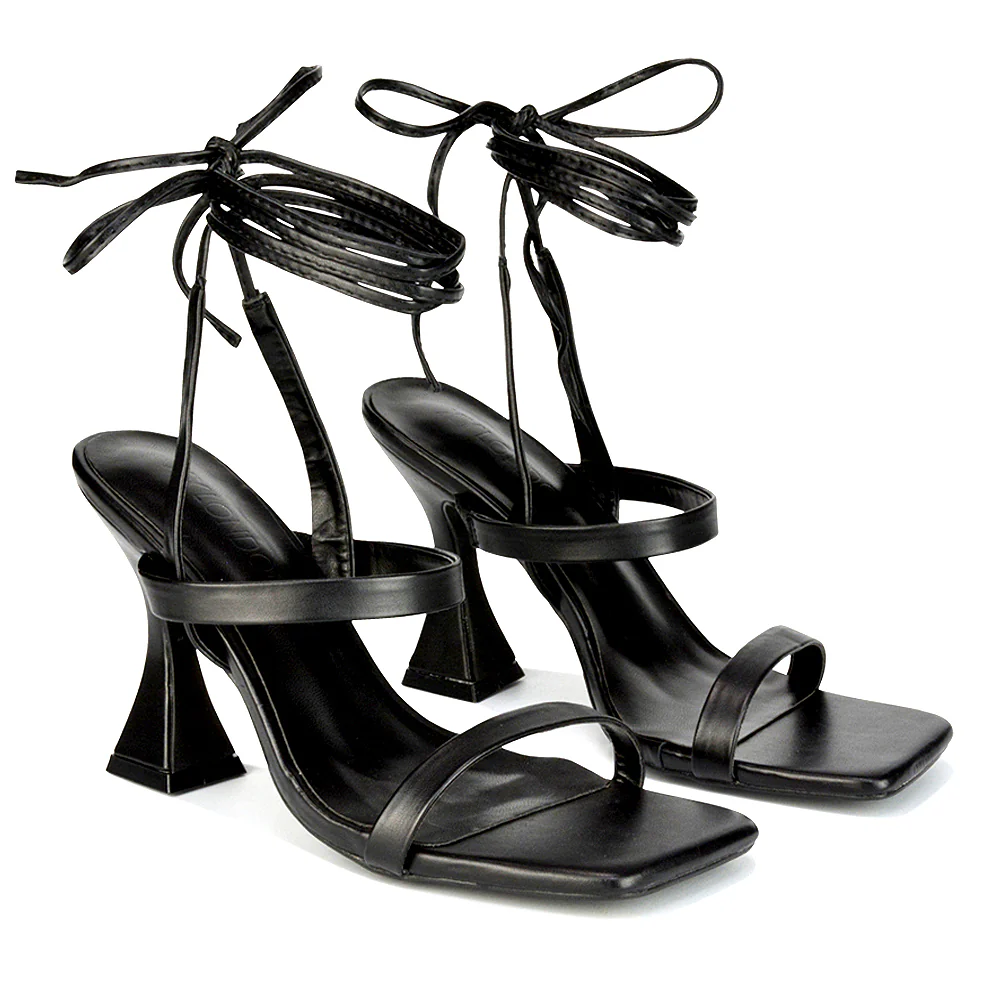 Taytum Square Toe Strappy Lace Up Sandal Flared High Heels in White Synthetic Leather - Image 13