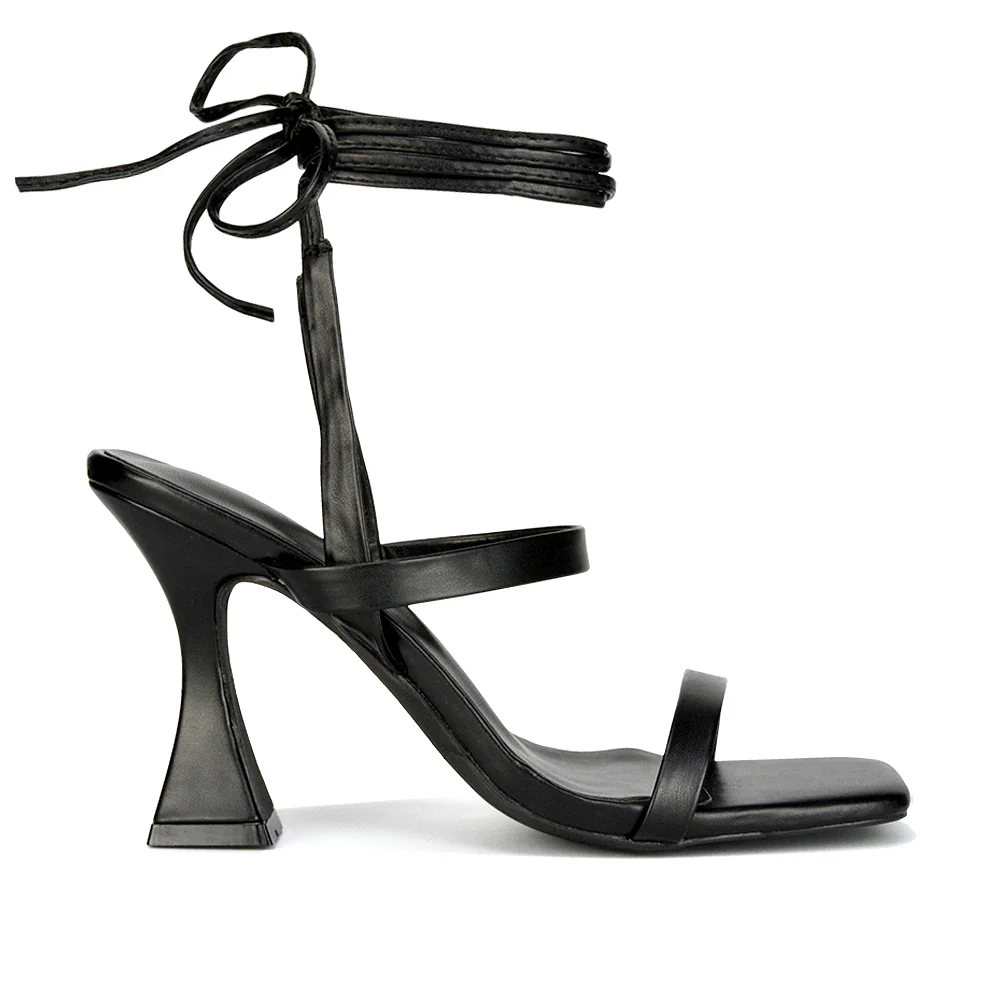 Taytum Square Toe Strappy Lace Up Sandal Flared High Heels in White Synthetic Leather - Image 19