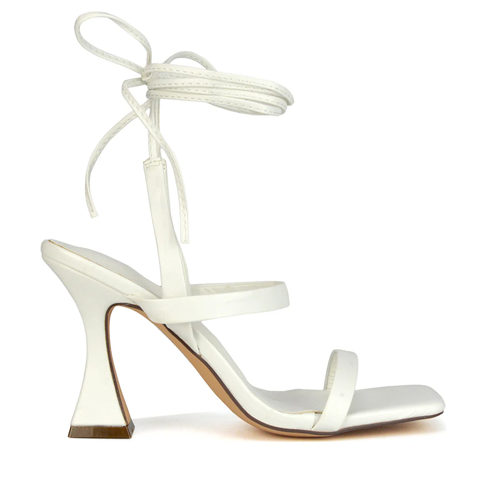 Taytum Square Toe Strappy Lace Up Sandal Flared High Heels in White Synthetic Leather - Image 31