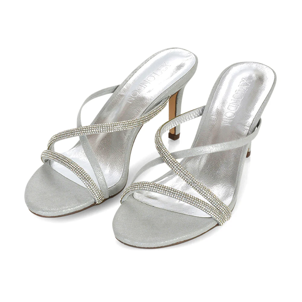 Teddie Diamante Cross Over Strappy Sandal Stiletto High Mule Heels in Black - Image 8