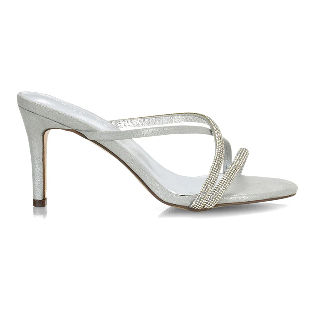 Teddie Diamante Cross Over Strappy Sandal Stiletto High Mule Heels in Silver - Image 26