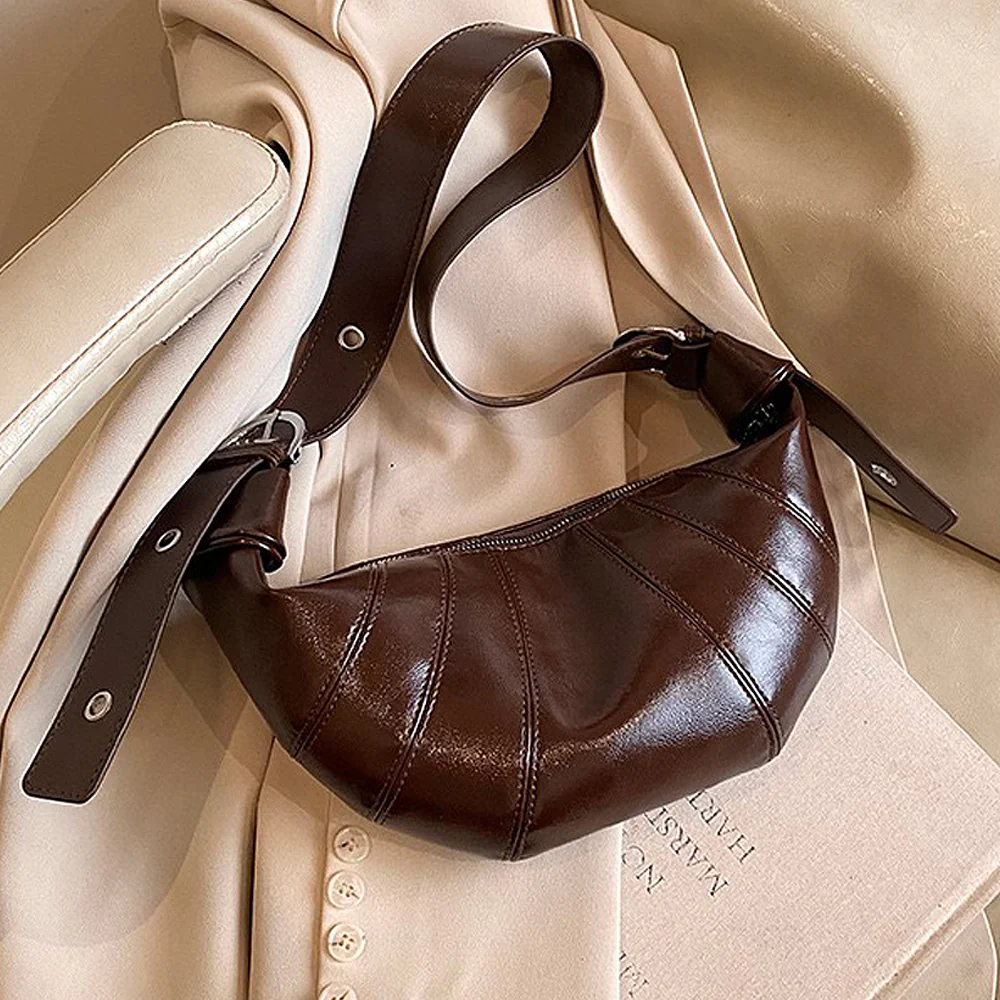Terry Crossbody Buckle Detail Shoulder Strap Crescent Handbag With Zip in Black - Image 4