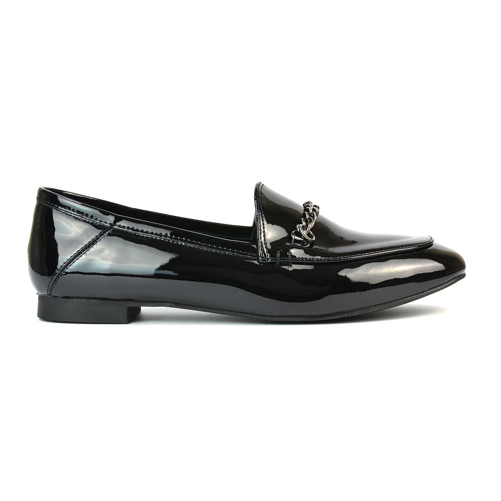 Tessah Chain Detail Flat Heel Slip On School Shoes Loafers is Black Patent - Image 2
