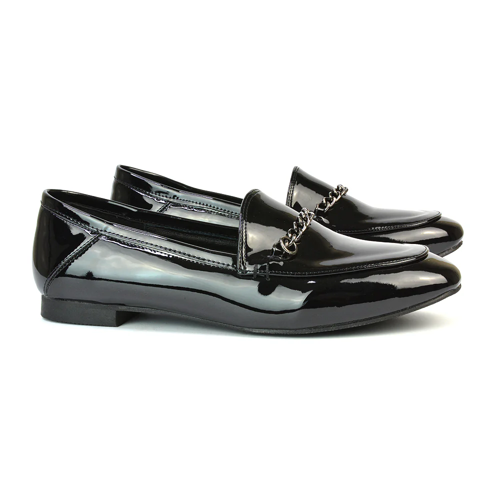 Tessah Chain Detail Flat Heel Slip On School Shoes Loafers is Black Patent - Image 3