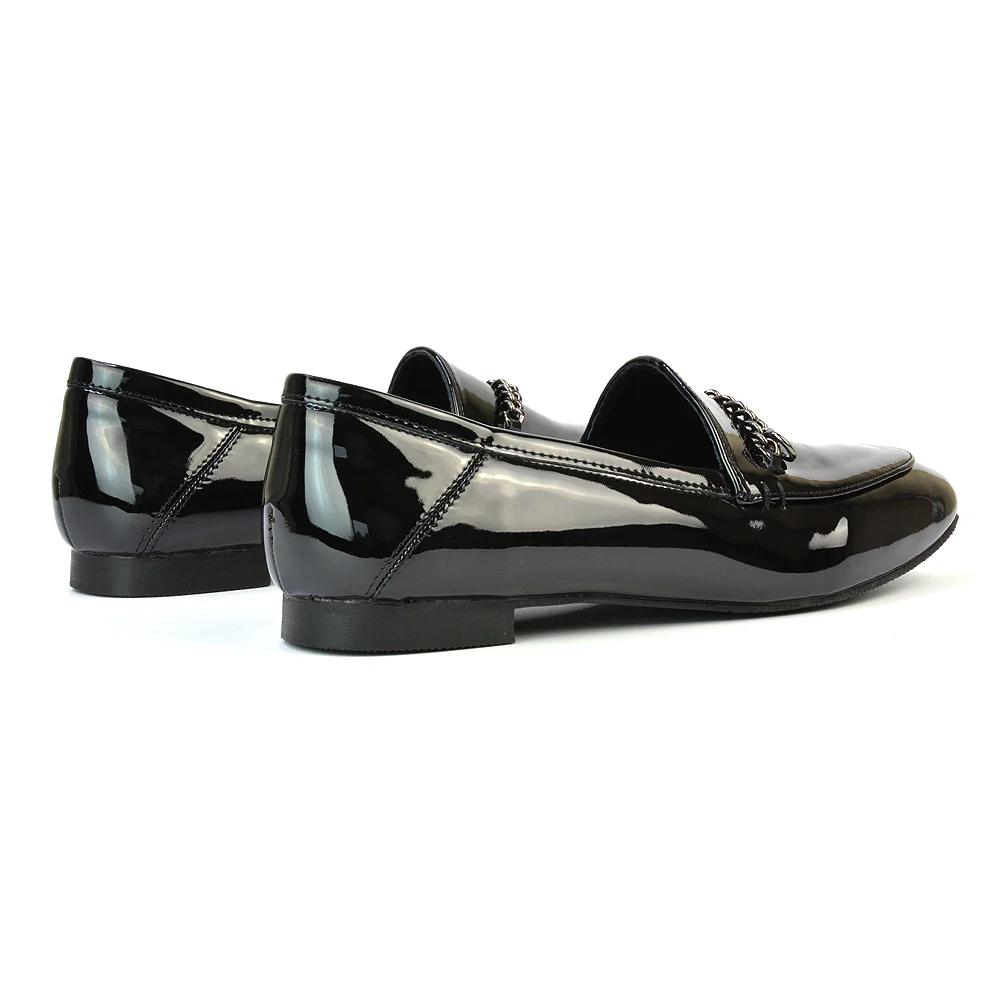 Tessah Chain Detail Flat Heel Slip On School Shoes Loafers is Black Patent - Image 5