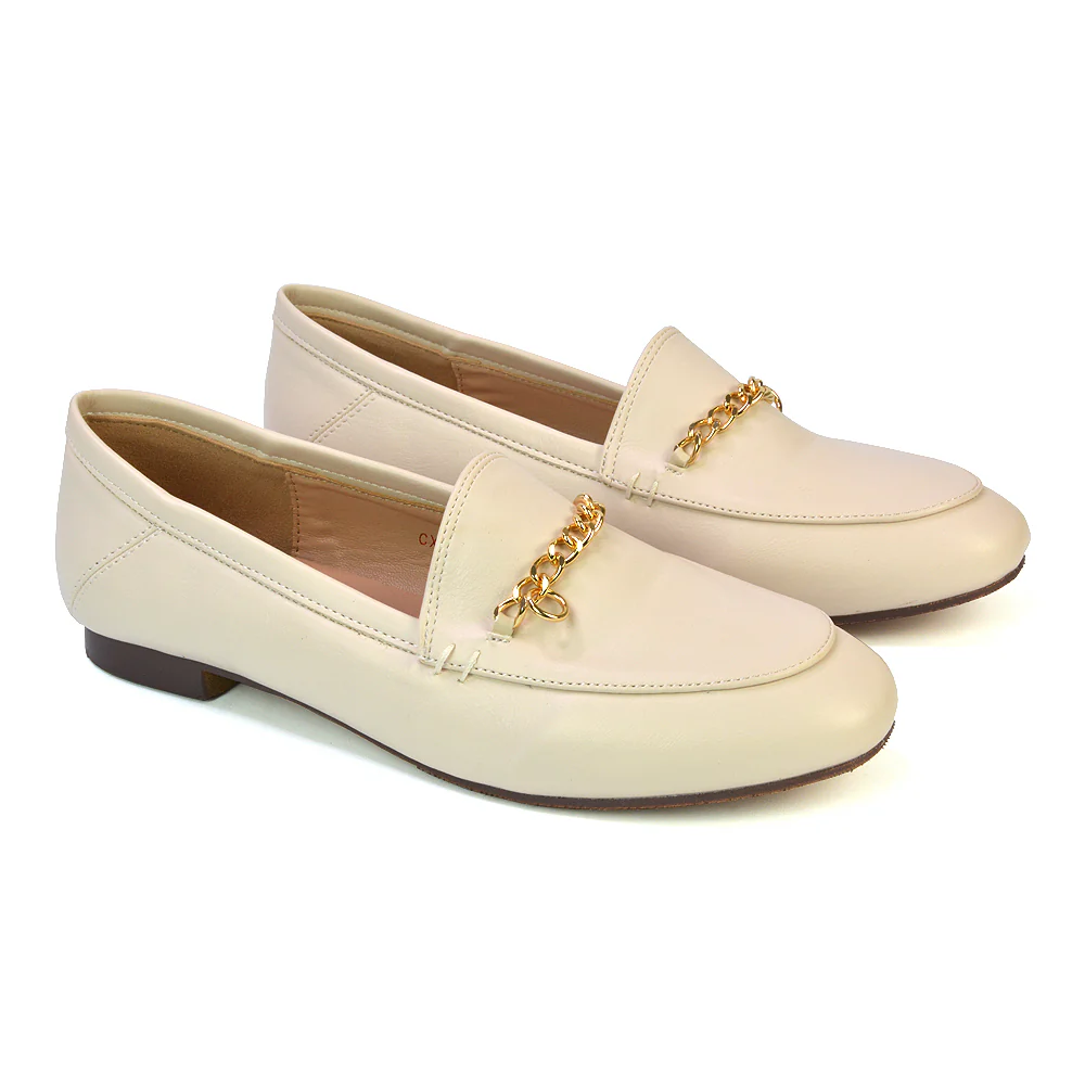 Tessah Chain Detail Flat Heel Slip On School Shoes Loafers is Black Patent - Image 13