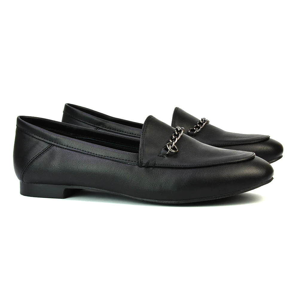 Tessah Chain Detail Flat Heel Slip On School Shoes Loafers is Black Patent - Image 7