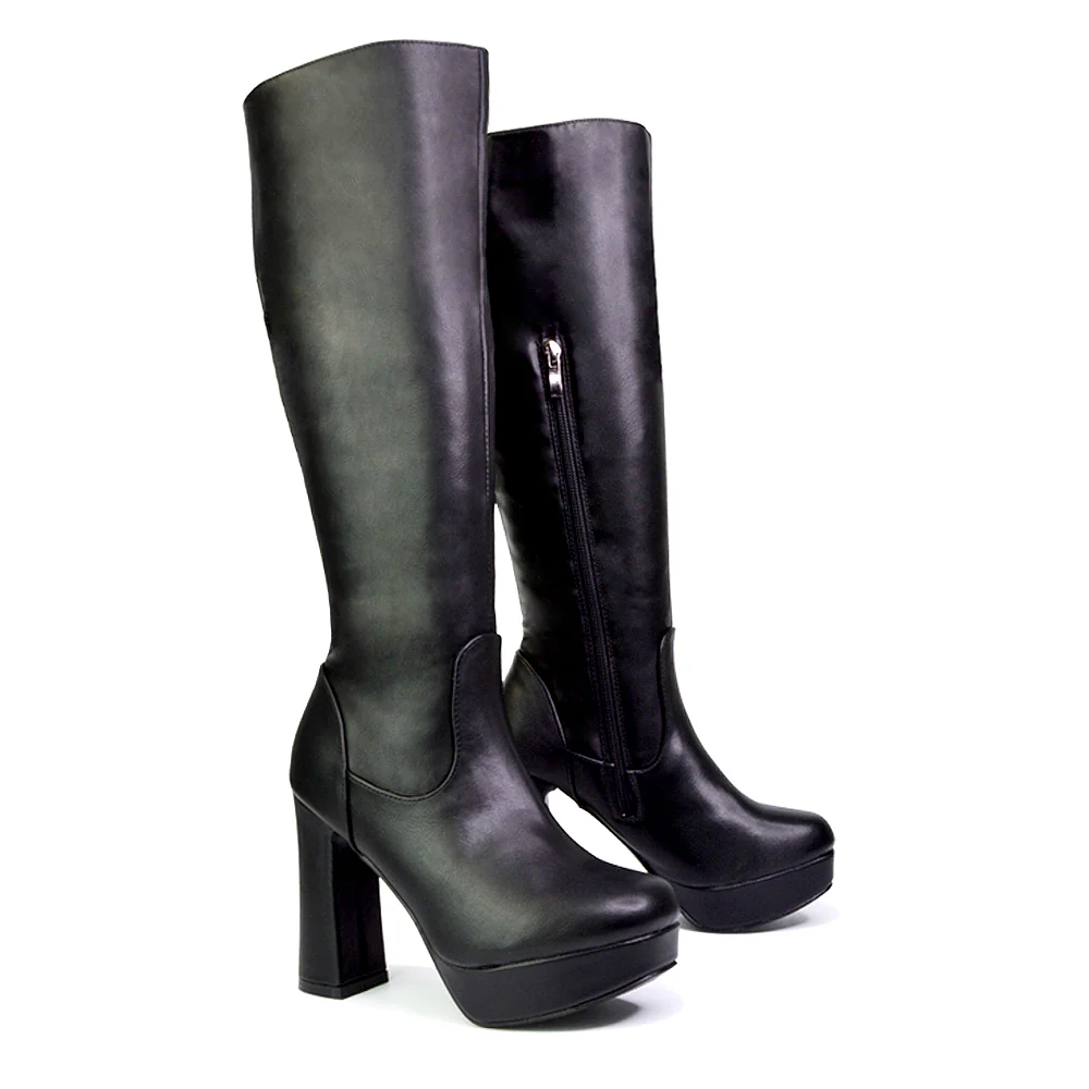 Theo Super Chunky Block High Heel Platform Knee High Boots For Winter in Black Croc - Image 16