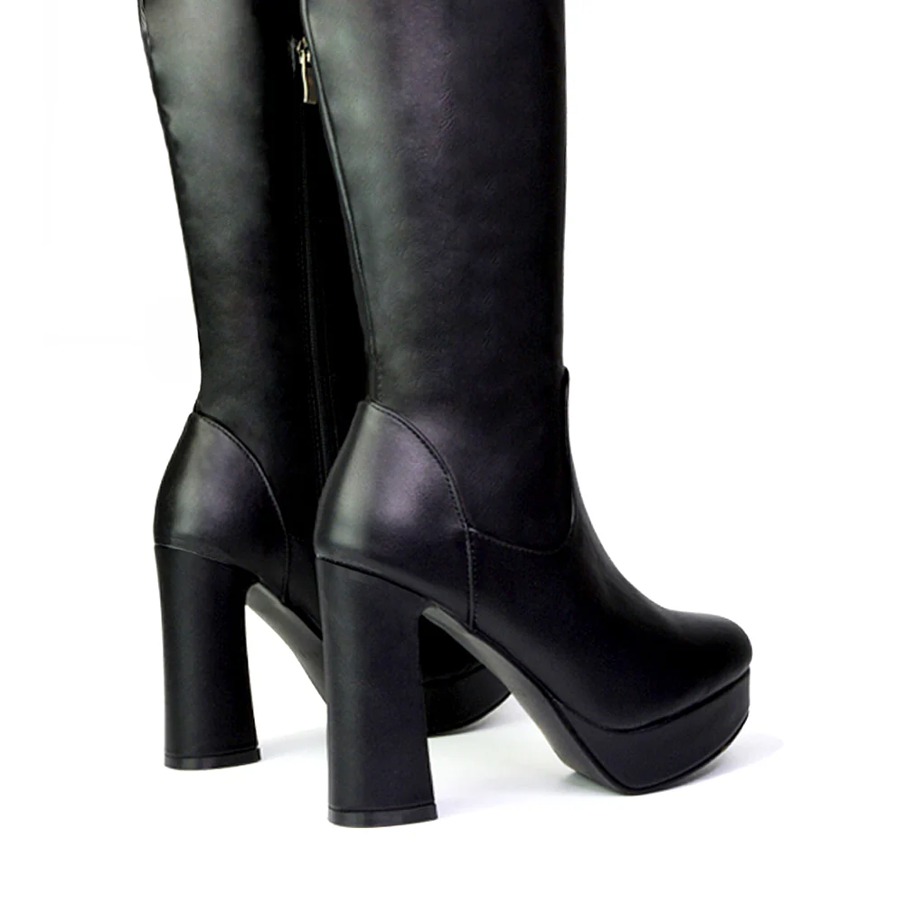 Theo Super Chunky Block High Heel Platform Knee High Boots For Winter in Black Croc - Image 20