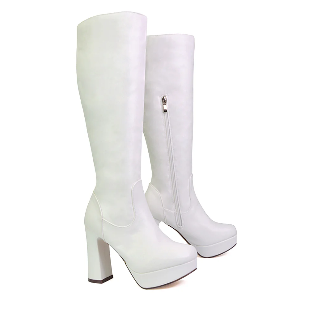 Theo Super Chunky Block High Heel Platform Knee High Boots For Winter in Black Croc - Image 36