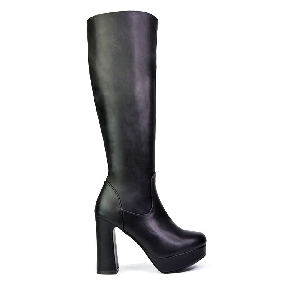 Theo Super Chunky Block High Heel Platform Knee High Boots For Winter in Brown Croc - Image 33