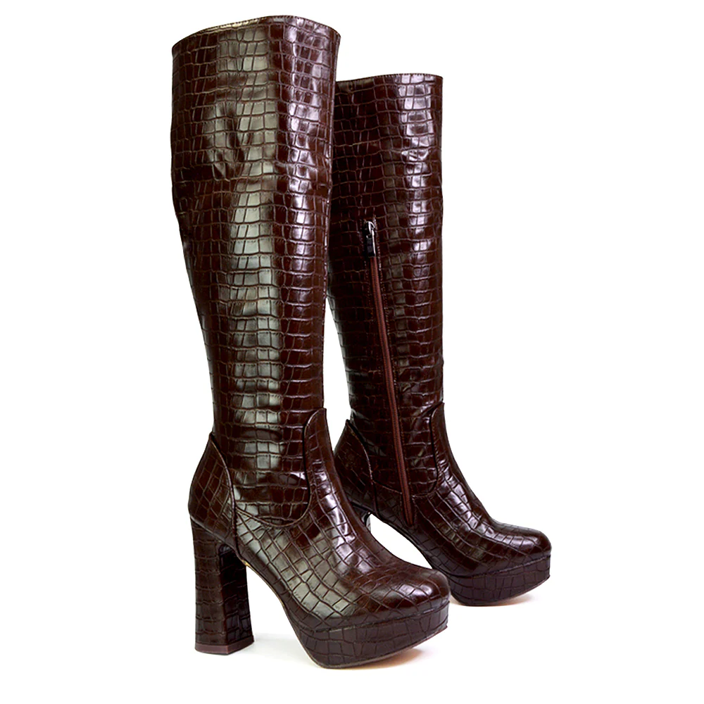 Theo Super Chunky Block High Heel Platform Knee High Boots For Winter in Brown Croc - Image 84