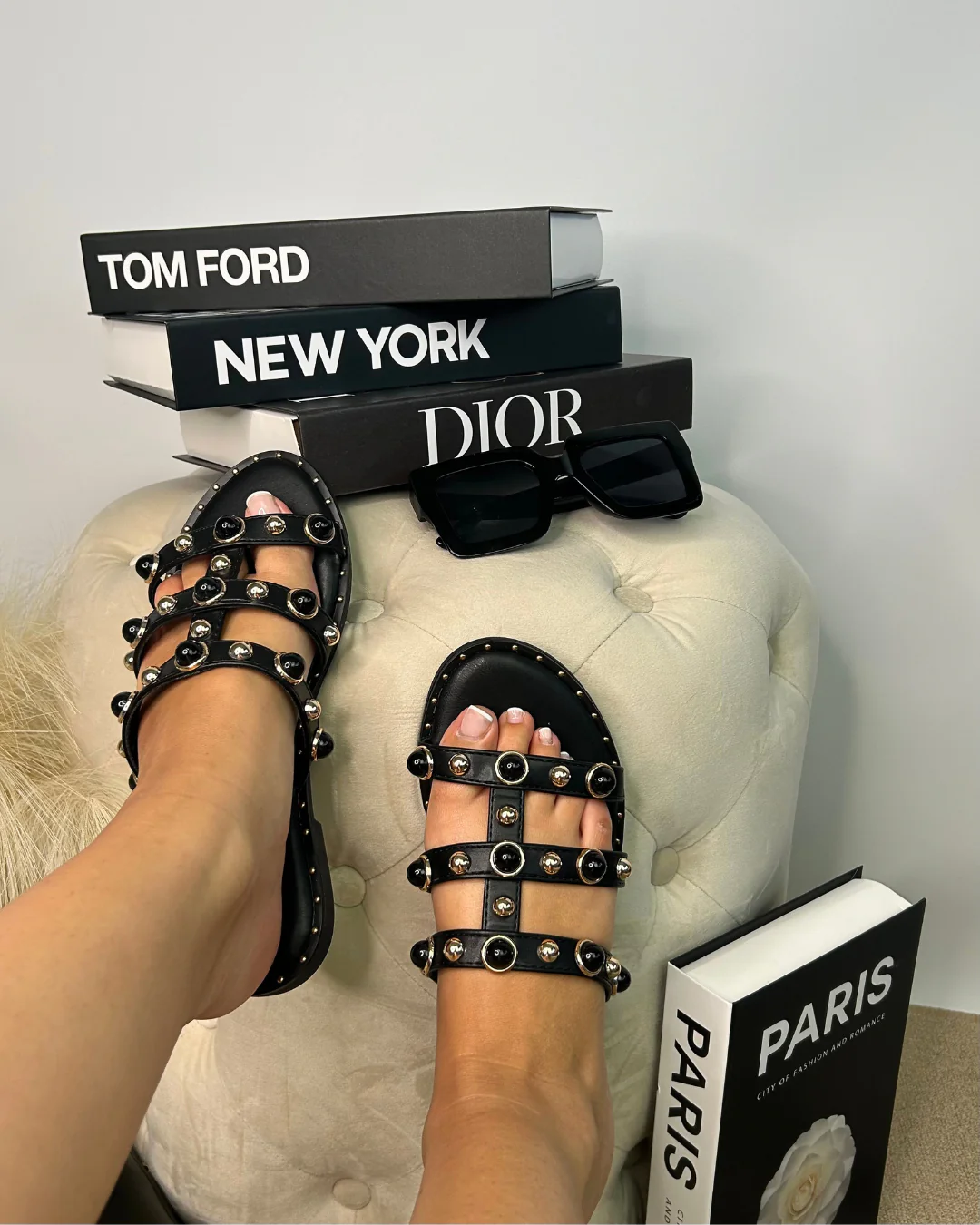 Tiffany Slip On Flat Sandals Studded Strappy Holiday Slides in Black - Image 2