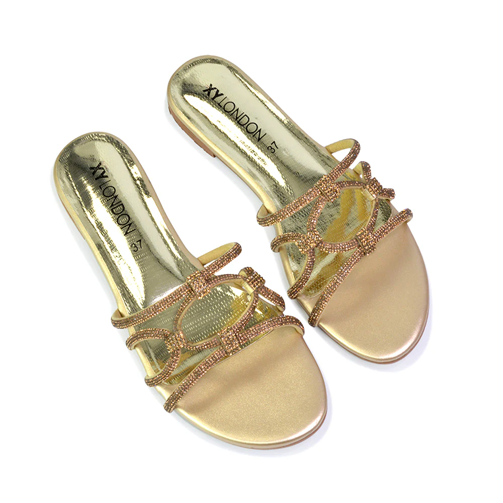 Tiger Slip On Summer Flat Diamante Sandal Statement Sparkly Sliders in Black - Image 115