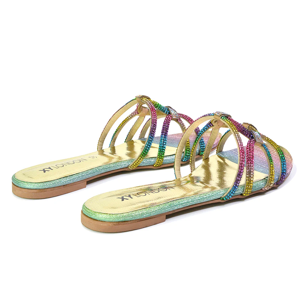 Tiger Slip On Summer Flat Diamante Sandal Statement Sparkly Sliders in Black - Image 127