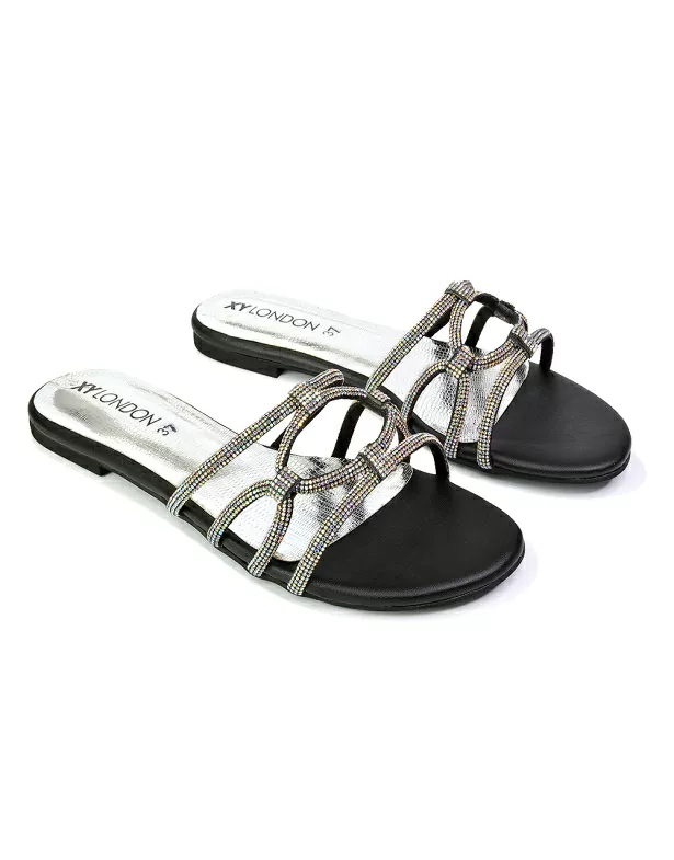 Tiger Slip On Summer Flat Diamante Sandal Statement Sparkly Sliders in Black - Image 2