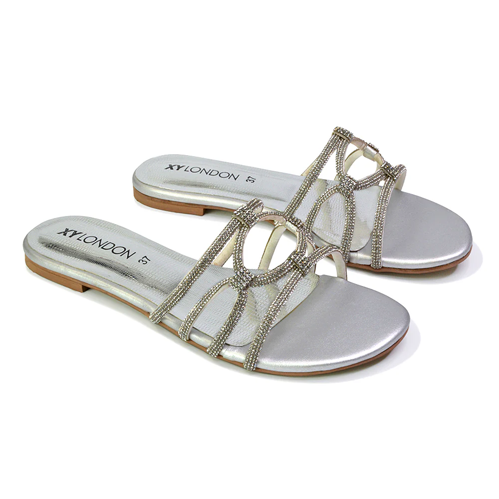 Tiger Slip On Summer Flat Diamante Sandal Statement Sparkly Sliders in Black - Image 76