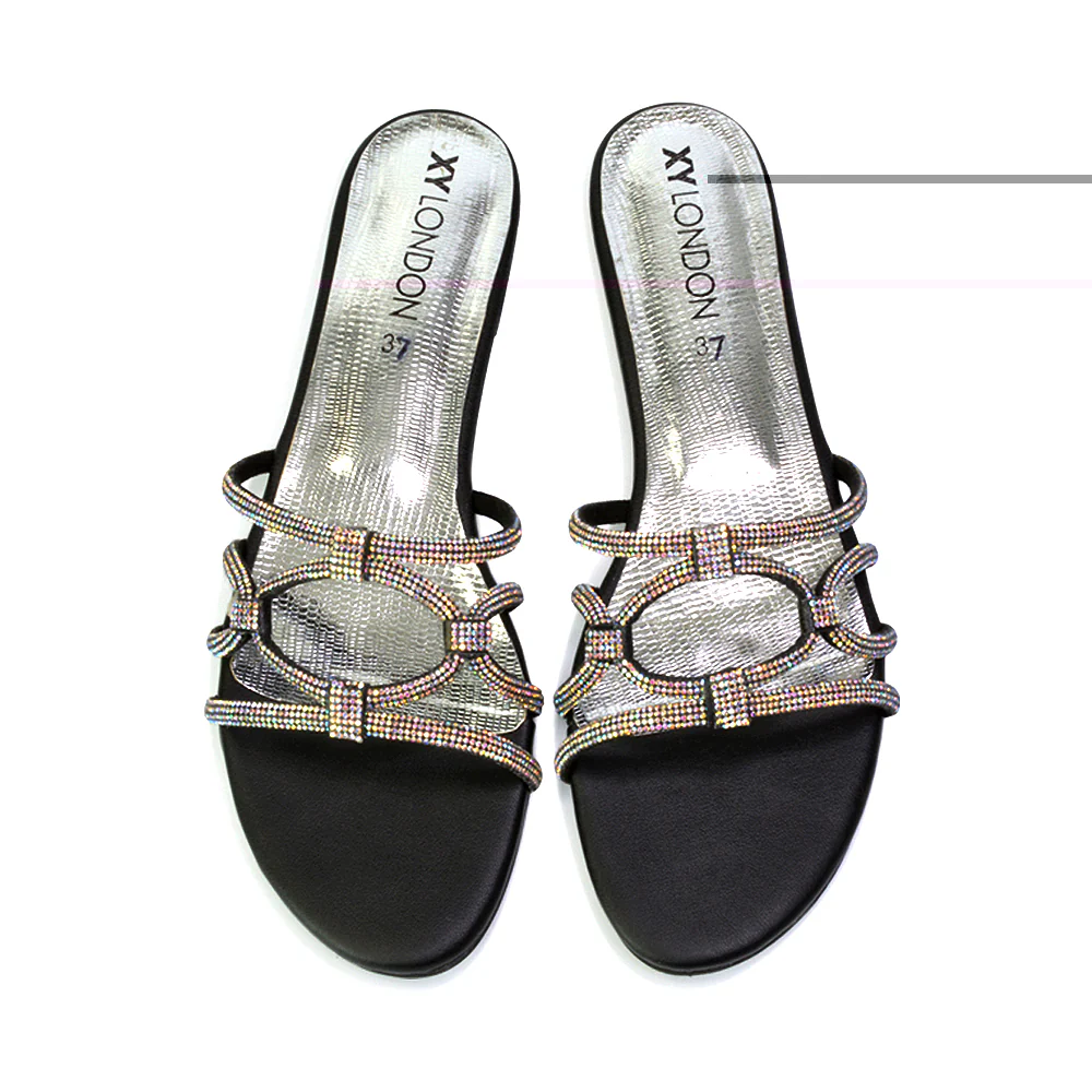 Tiger Slip On Summer Flat Diamante Sandal Statement Sparkly Sliders in Black - Image 9