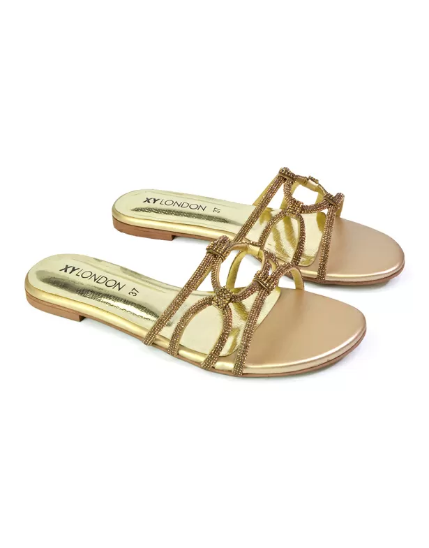 Tiger Slip On Summer Flat Diamante Sandal Statement Sparkly Sliders in Gold - Image 2