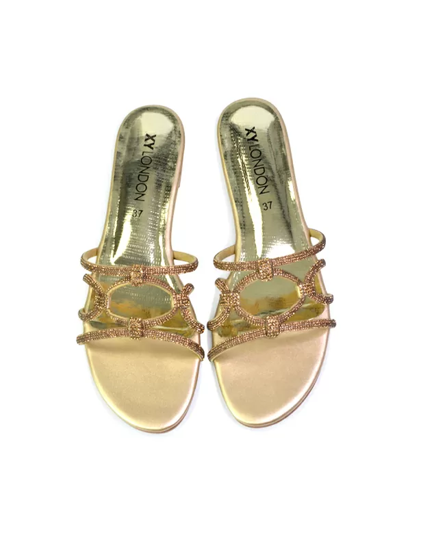 Tiger Slip On Summer Flat Diamante Sandal Statement Sparkly Sliders in Gold - Image 3