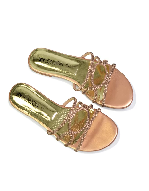 Tiger Slip On Summer Flat Diamante Sandal Statement Sparkly Sliders in Gold - Image 4