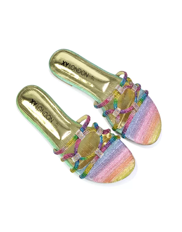 Tiger Slip On Summer Flat Diamante Sandal Statement Sparkly Sliders in Gold - Image 6