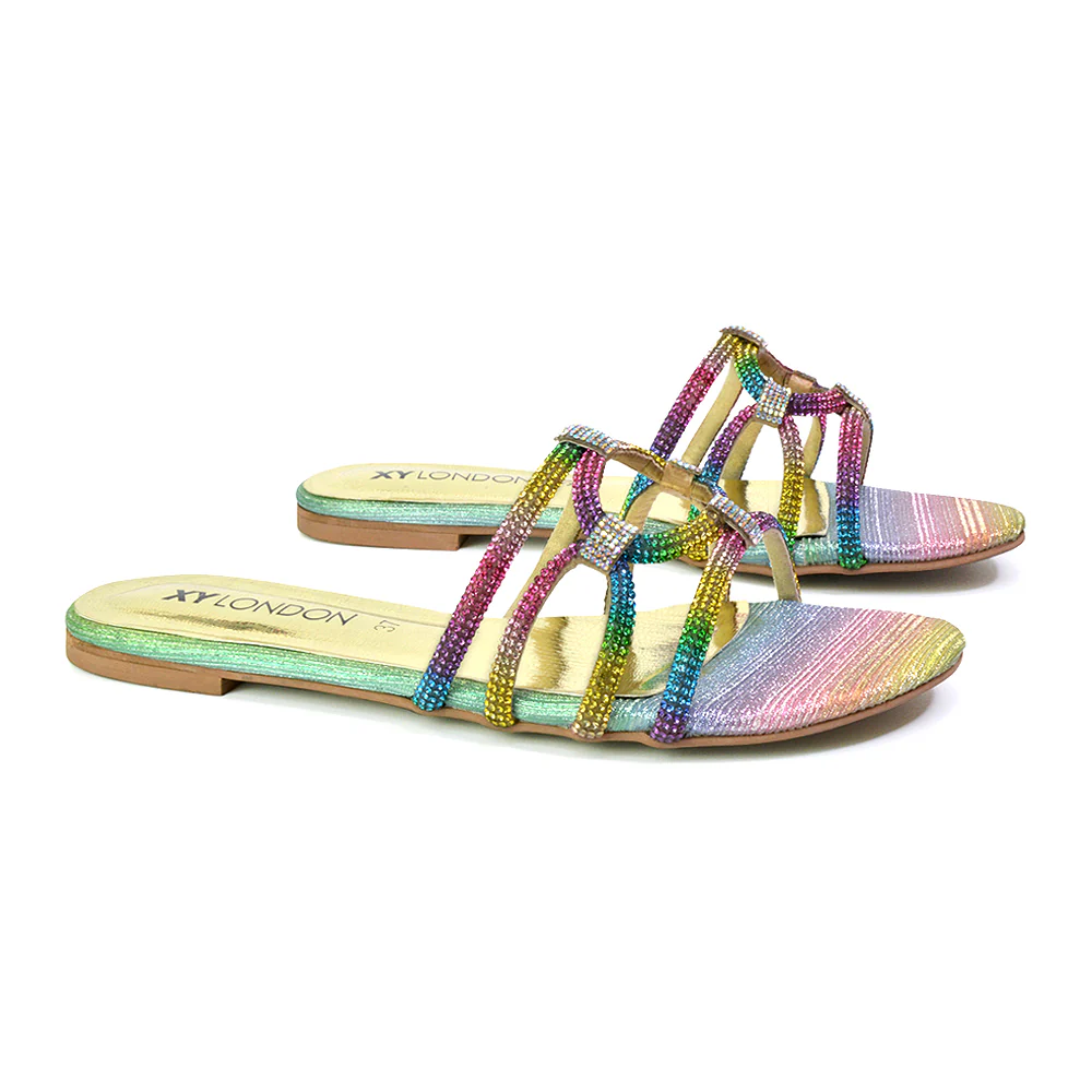 Tiger Slip On Summer Flat Diamante Sandal Statement Sparkly Sliders in Multi - Image 133