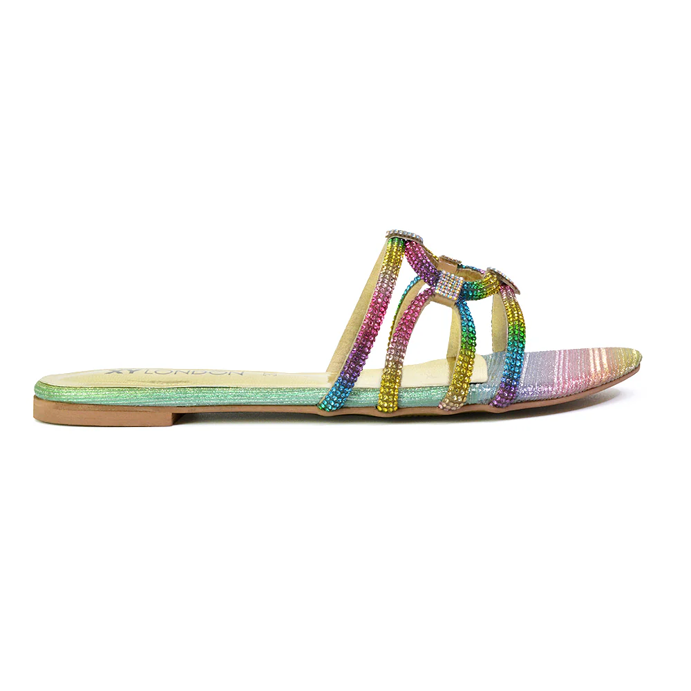 Tiger Slip On Summer Flat Diamante Sandal Statement Sparkly Sliders in Multi - Image 138