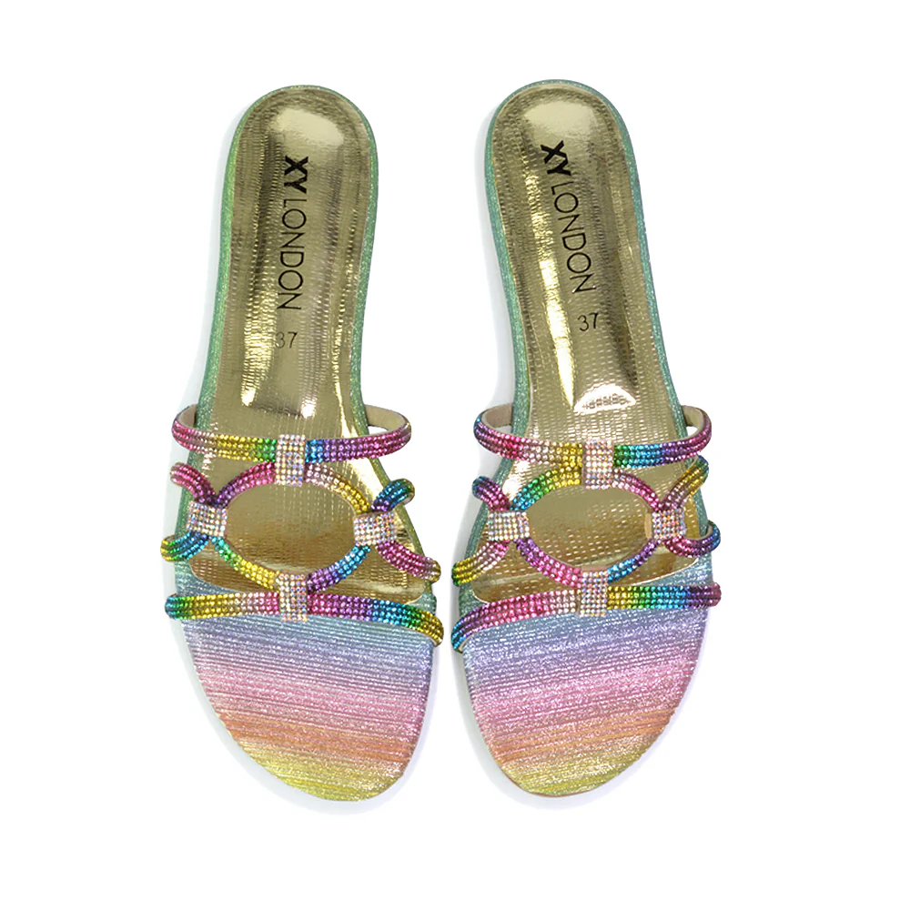 Tiger Slip On Summer Flat Diamante Sandal Statement Sparkly Sliders in Multi - Image 147