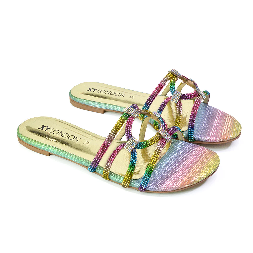 Tiger Slip On Summer Flat Diamante Sandal Statement Sparkly Sliders in Multi - Image 148
