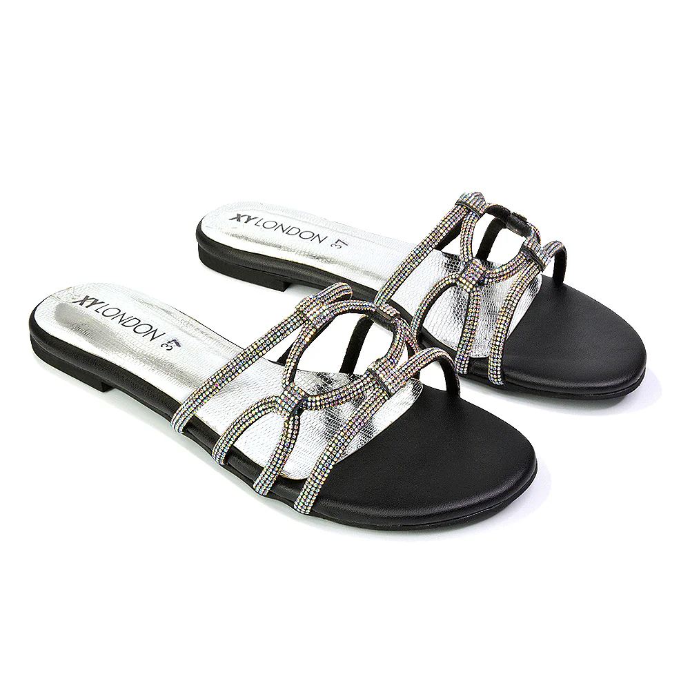 Tiger Slip On Summer Flat Diamante Sandal Statement Sparkly Sliders in Multi - Image 154