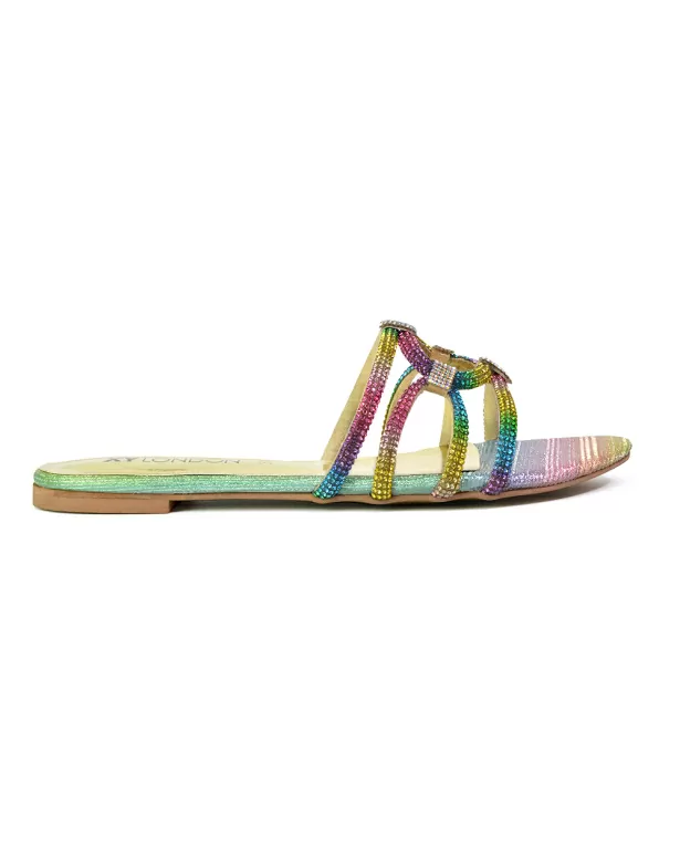 Tiger Slip On Summer Flat Diamante Sandal Statement Sparkly Sliders in Multi - Image 3