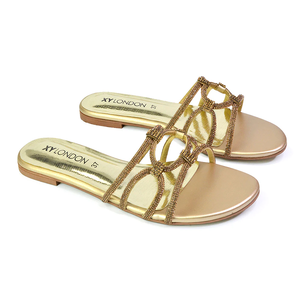 Tiger Slip On Summer Flat Diamante Sandal Statement Sparkly Sliders in Multi - Image 94