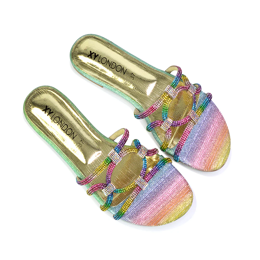 Tiger Slip On Summer Flat Diamante Sandal Statement Sparkly Sliders in Peach - Image 147