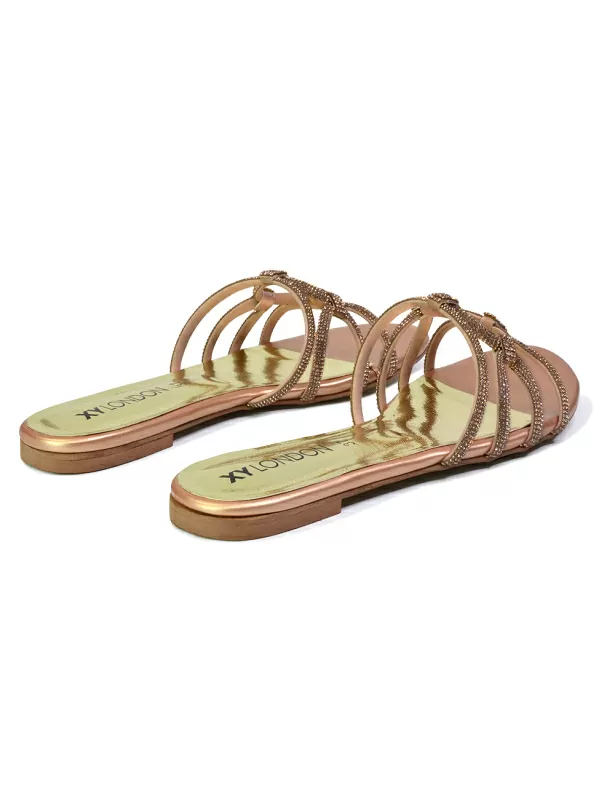 Tiger Slip On Summer Flat Diamante Sandal Statement Sparkly Sliders in Peach - Image 2