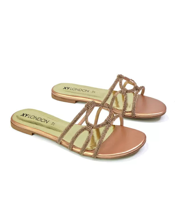 Tiger Slip On Summer Flat Diamante Sandal Statement Sparkly Sliders in Peach - Image 3