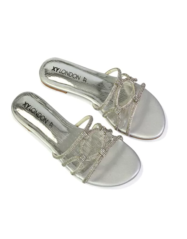 Tiger Slip On Summer Flat Diamante Sandal Statement Sparkly Sliders in Peach - Image 5