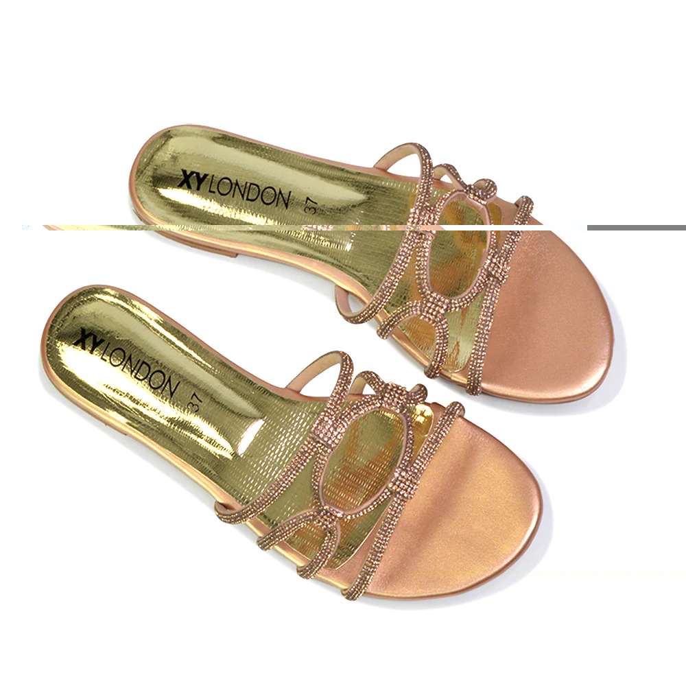 Tiger Slip On Summer Flat Diamante Sandal Statement Sparkly Sliders in Peach - Image 9