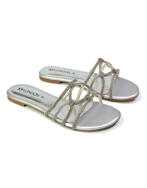 Tiger Slip On Summer Flat Diamante Sandal Statement Sparkly Sliders in Silver - Image 2