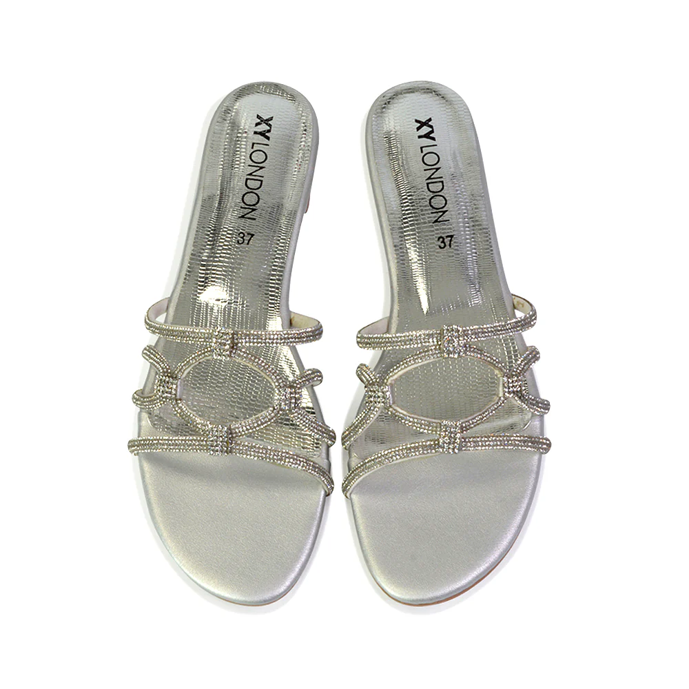 Tiger Slip On Summer Flat Diamante Sandal Statement Sparkly Sliders in Silver - Image 70
