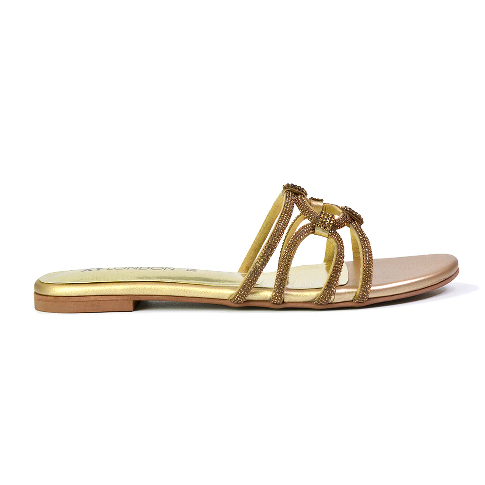Tiger Slip On Summer Flat Diamante Sandal Statement Sparkly Sliders in Silver - Image 85