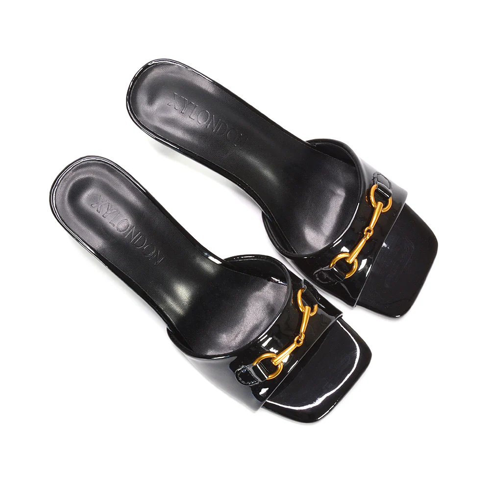 Toni Square Toe Mule Heeled Sandals With Decorative Buckle in Black Patent - Image 6