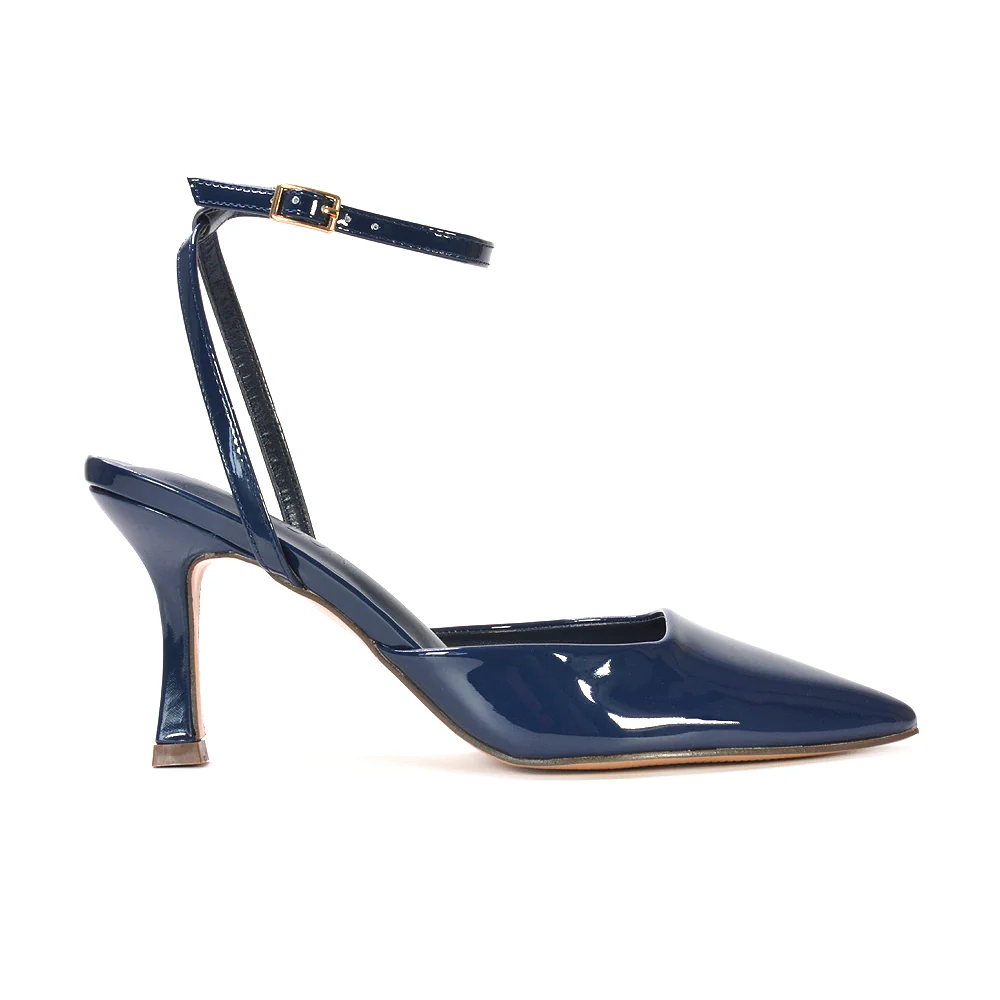 Tori  Point Toe High Heel Stiletto Court Shoes With Ankle Strap in Nude Patent - Image 12