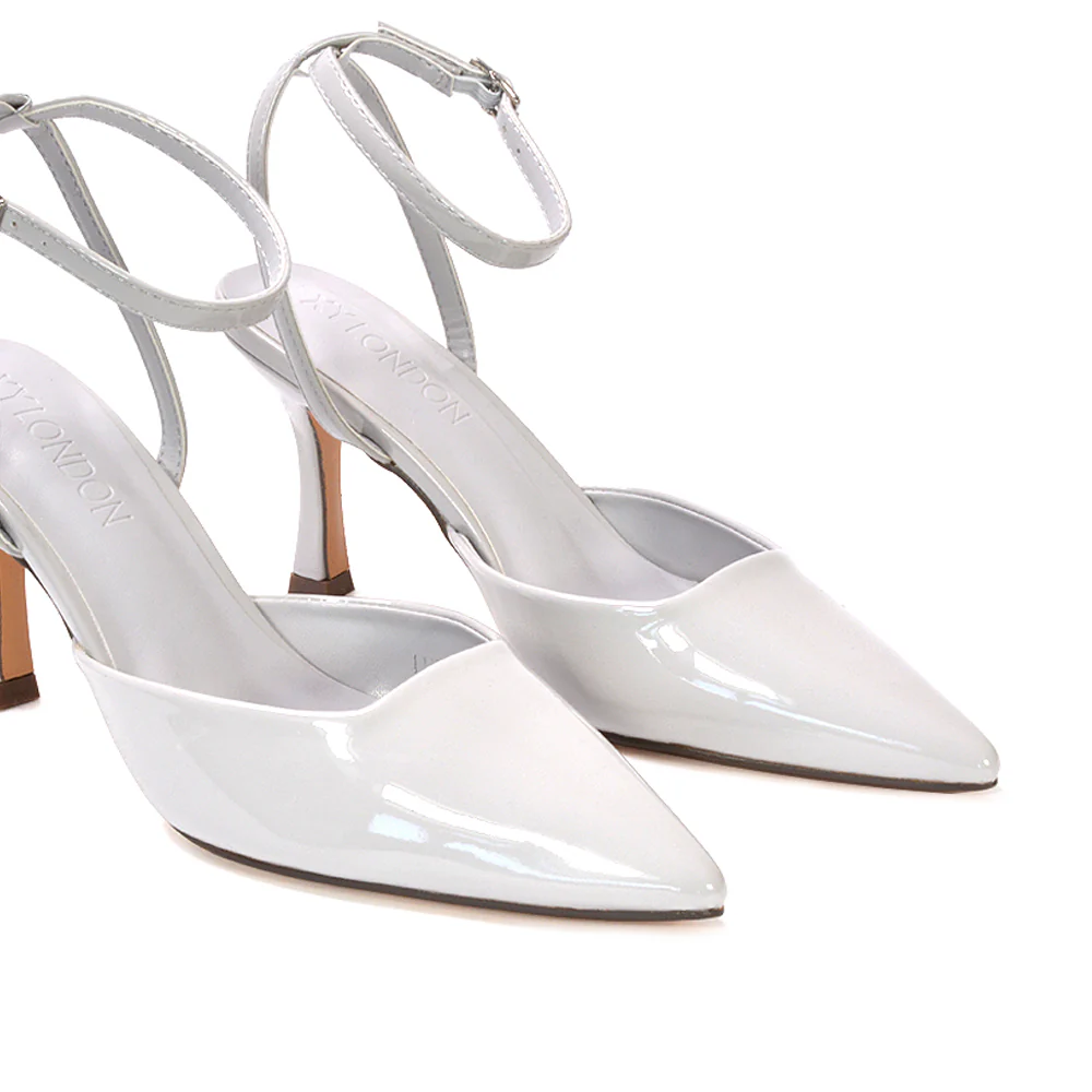 Tori  Point Toe High Heel Stiletto Court Shoes With Ankle Strap in Nude Patent - Image 15