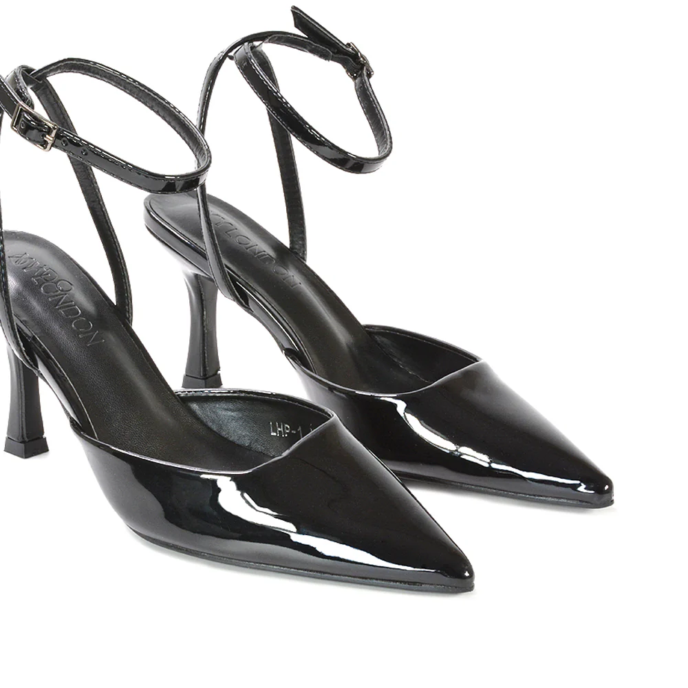 Tori  Point Toe High Heel Stiletto Court Shoes With Ankle Strap in Nude Patent - Image 20