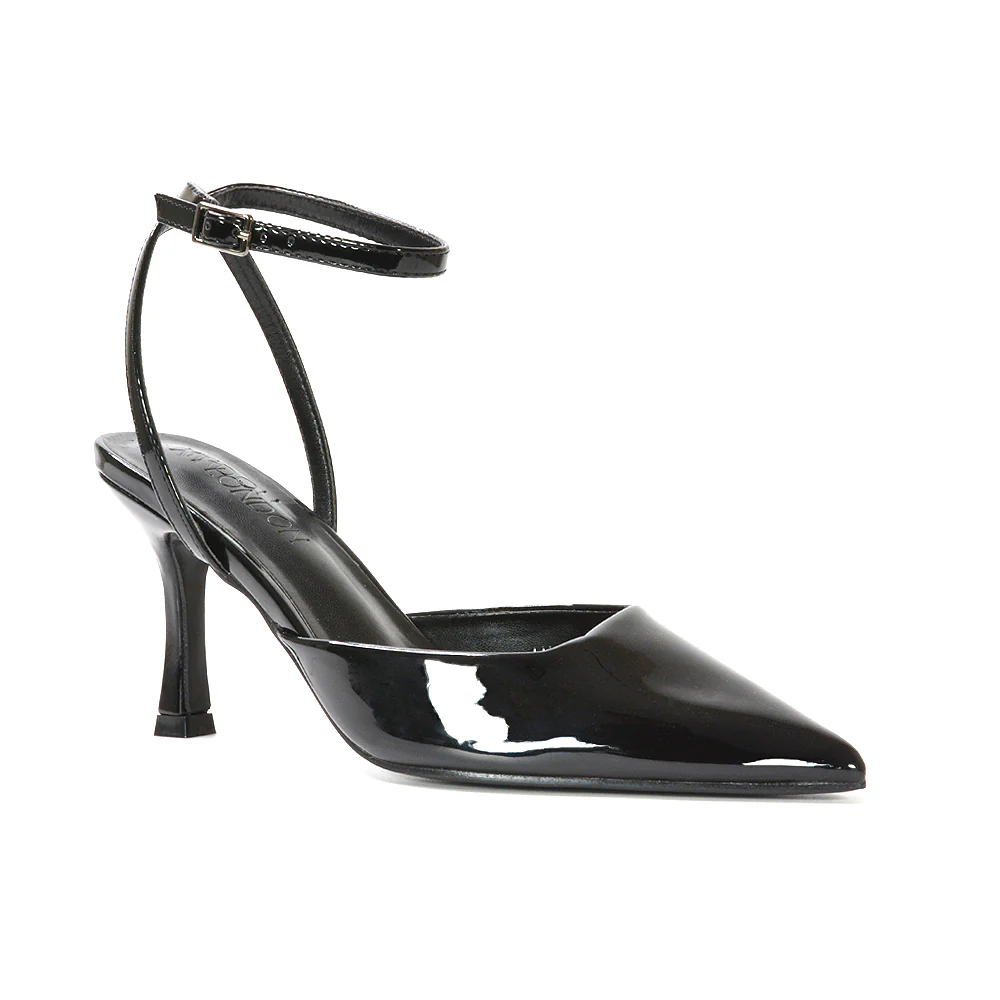 Tori  Point Toe High Heel Stiletto Court Shoes With Ankle Strap in Nude Patent - Image 23